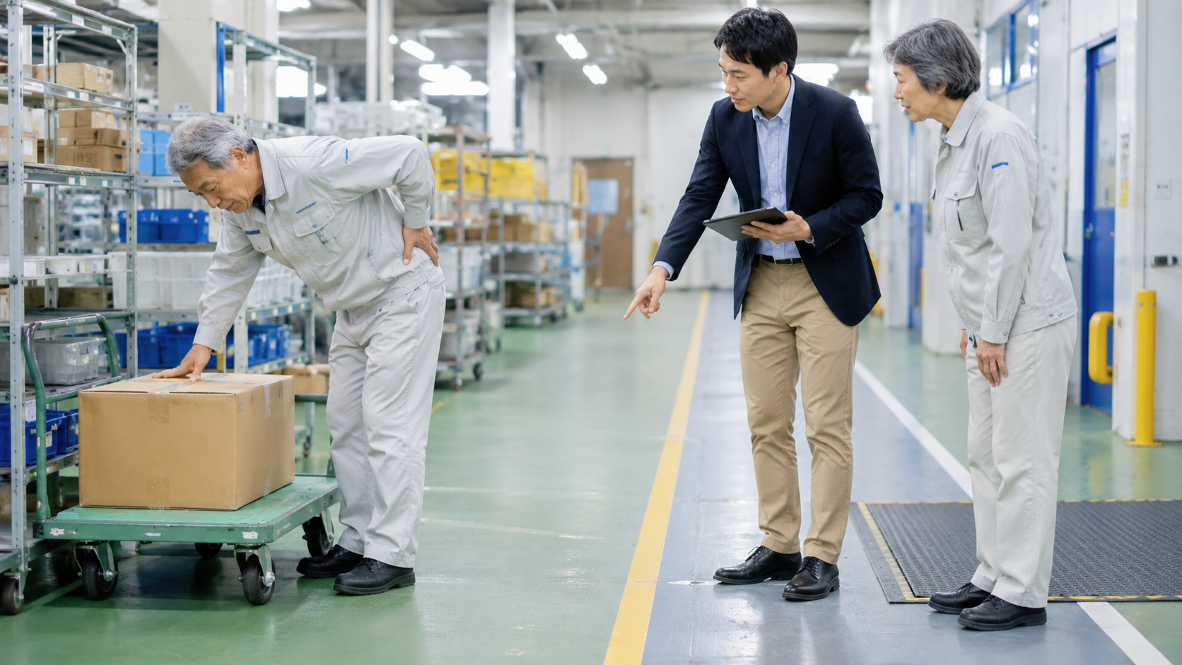 職場を訪問し作業のリスクを評価する理学療法士